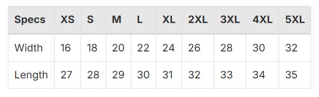 Size Chart for Heavy Weight Classic Short Sleeve Tee