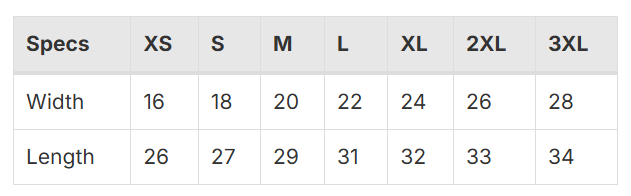 Size Chart for Heavy Weight Short Sleeve Tee