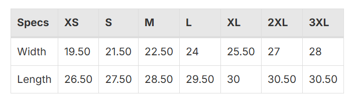 Size Chart for Oversized Short Sleeve Tee