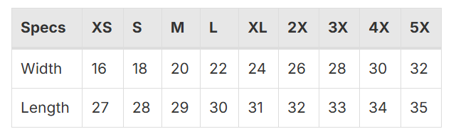 Size Chart for Premium Heather Short Sleeve Crew Neck Tee