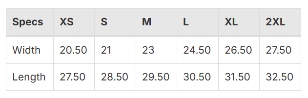 Size Chart for Premium Heavy Weight Hoodie