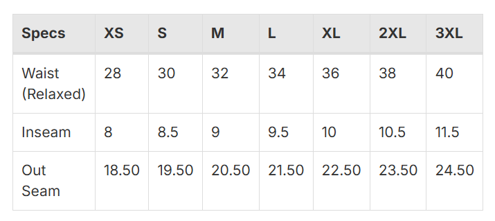 Size Chart for Premium Midweight Fleece Shorts