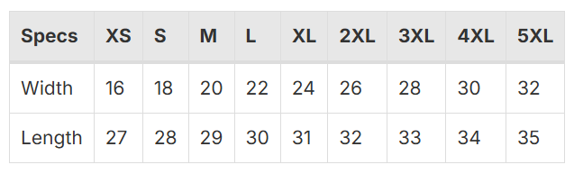 Size Chart for Premium Short Sleeve Crew Neck Tee