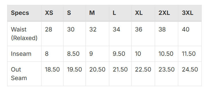 Size Chart for Vintage Mineral Washed Shorts