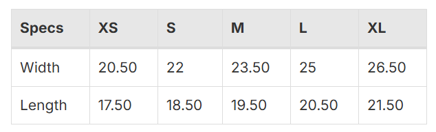 Size Chart for Women's Crop Hoodie