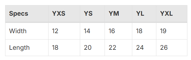 Size Chart for Youth Premium Short Sleeve T-Shirt