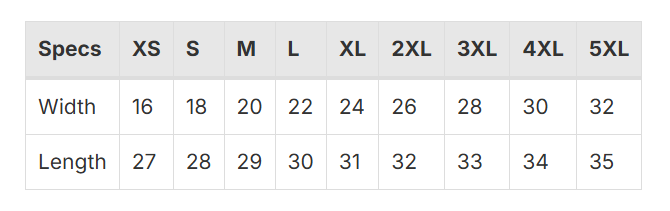 Size Chart for Classic Short Sleeve Crew Neck Tee